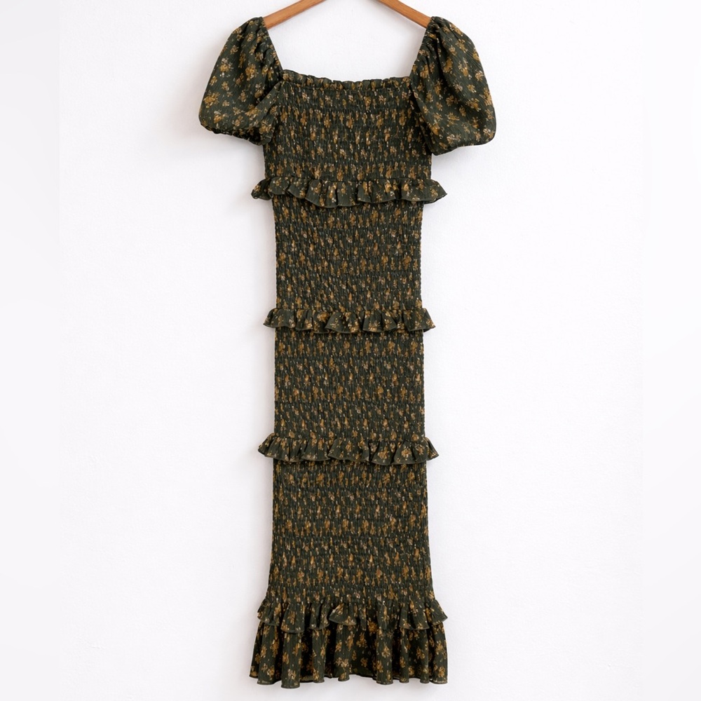 MABLE Smocked Tier Maxi Dress Green Floral Puff Sleeve Cottagecore Small